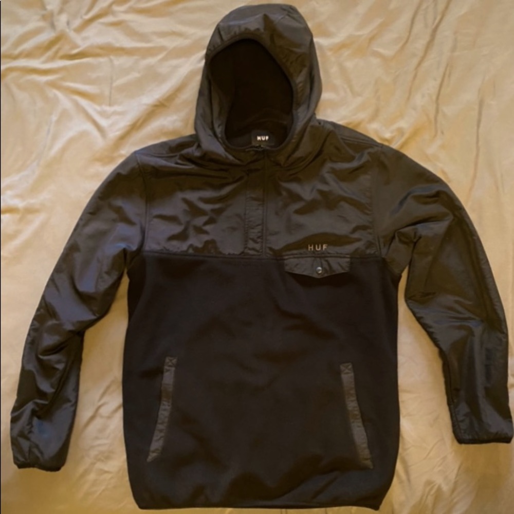 HUF MUIR HOODED PULLOVER JACKET - BLACK MENS LARGE